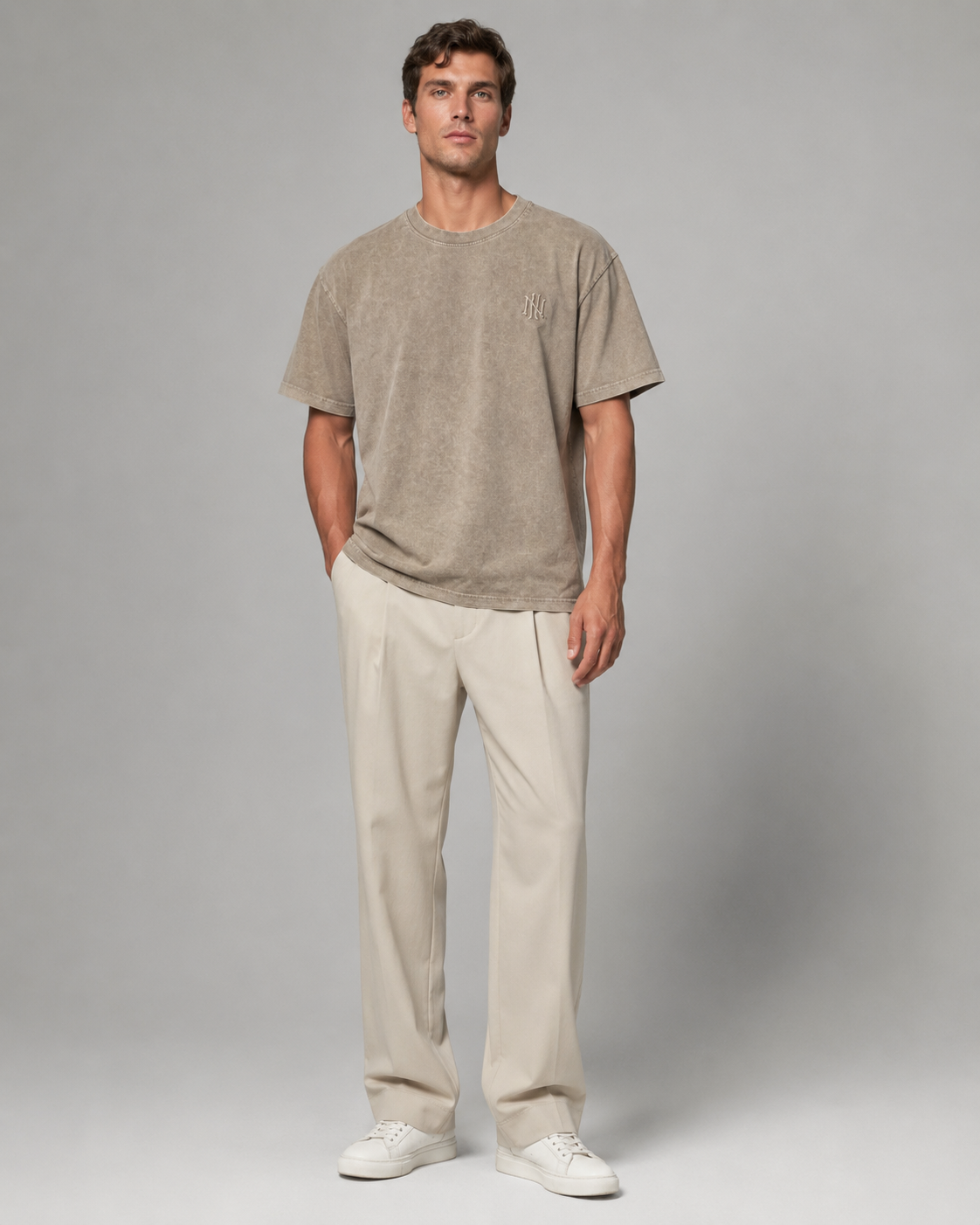 Naminal Acid-Wash Casual T-Shirt (Oversize) - Beige