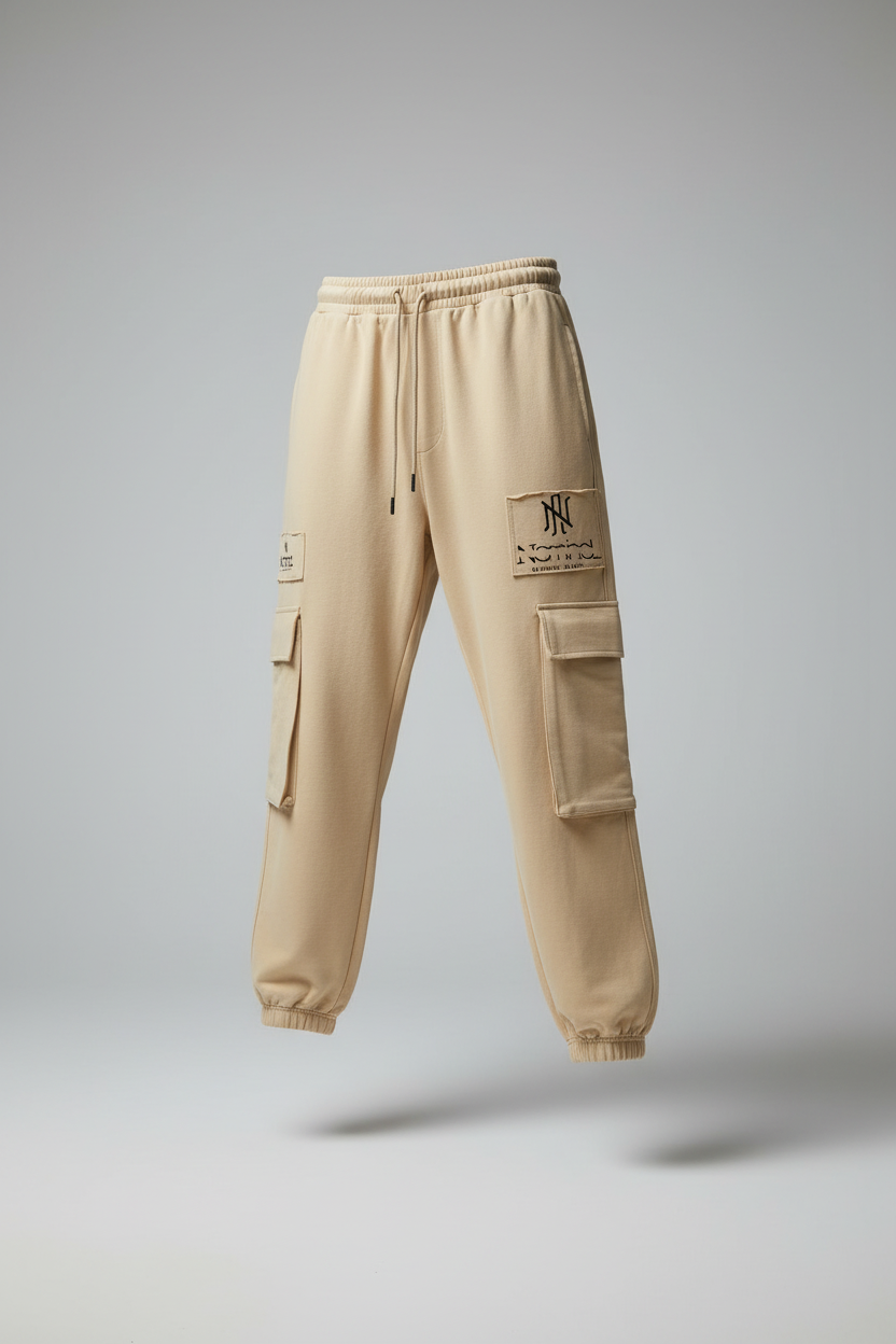 Beige cargo jogger pants with a brand logo on a gray background