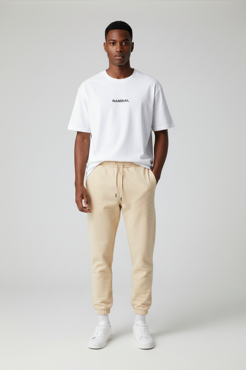 Man wearing a white t-shirt and beige pants on a white background