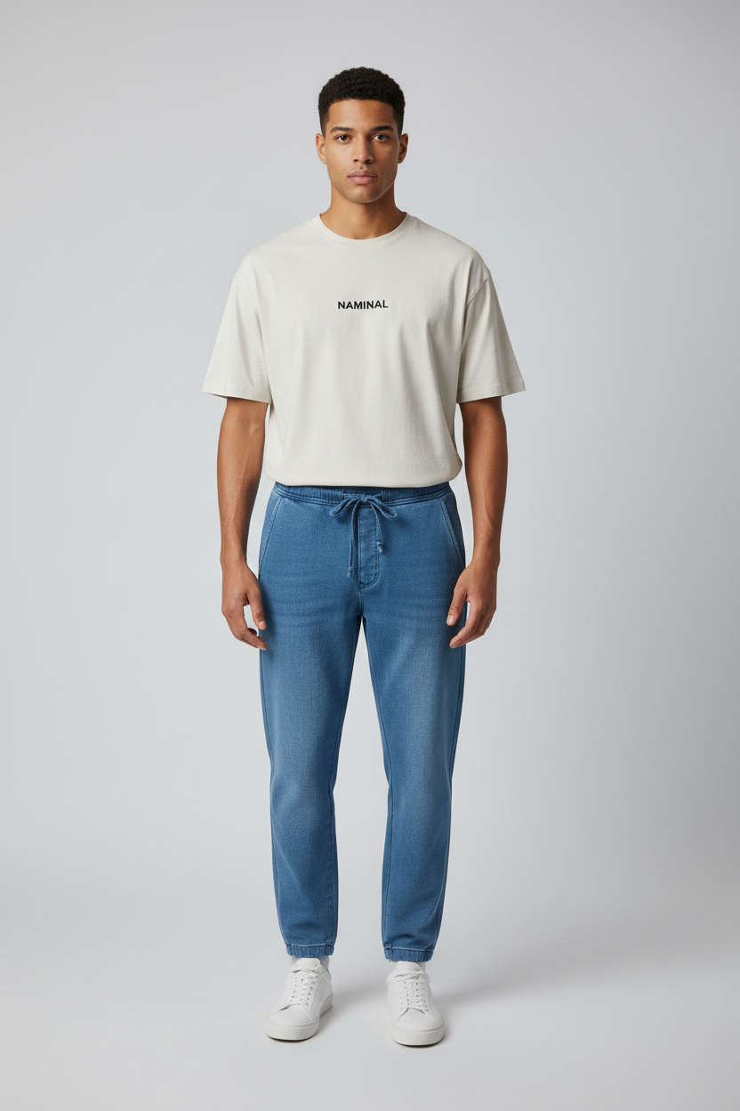 Man wearing a white t-shirt and blue jeans on a plain background