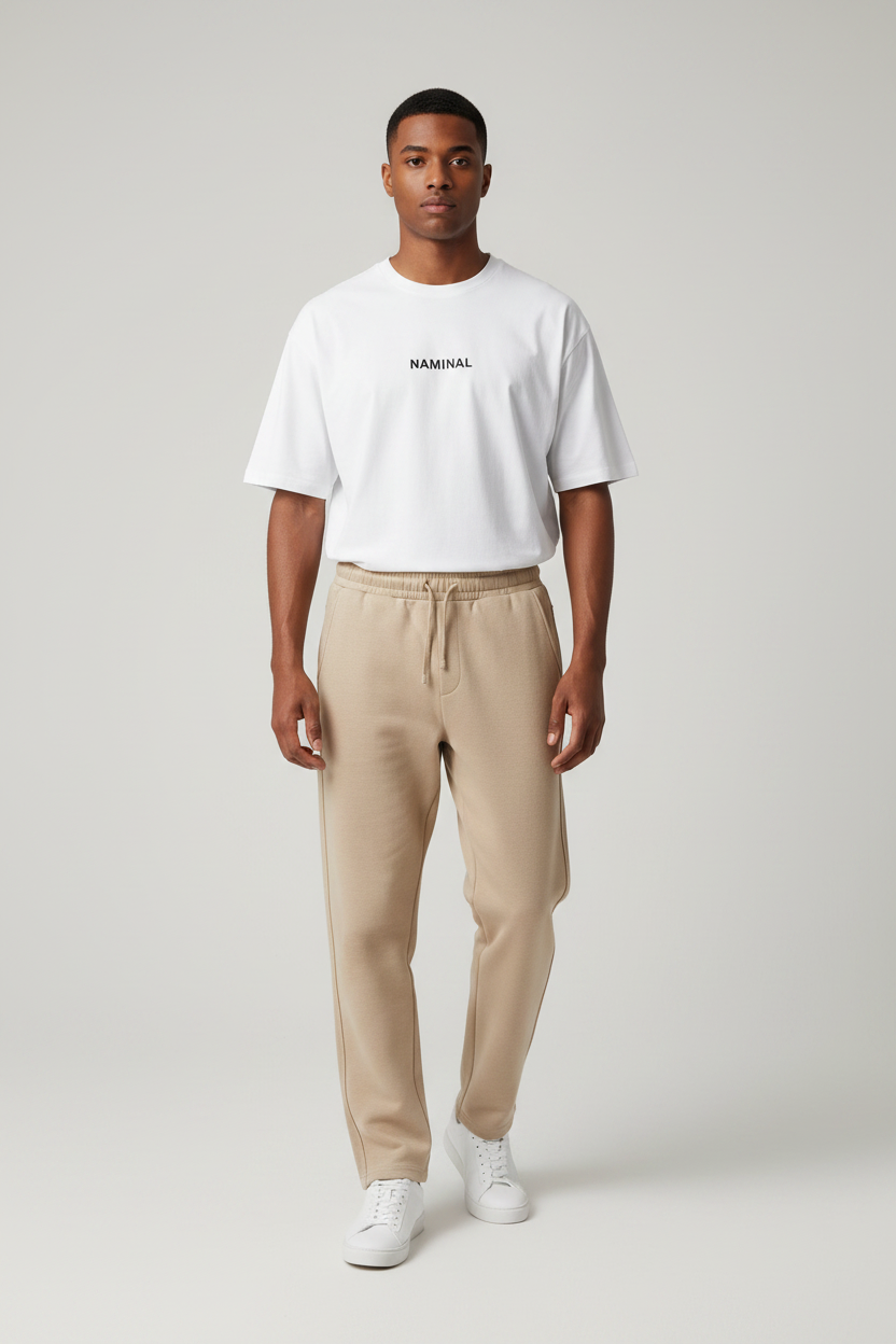 Man wearing a white t-shirt and beige pants on a light gray background