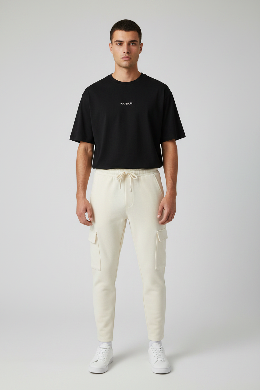 Man wearing a black t-shirt and white pants on a plain background