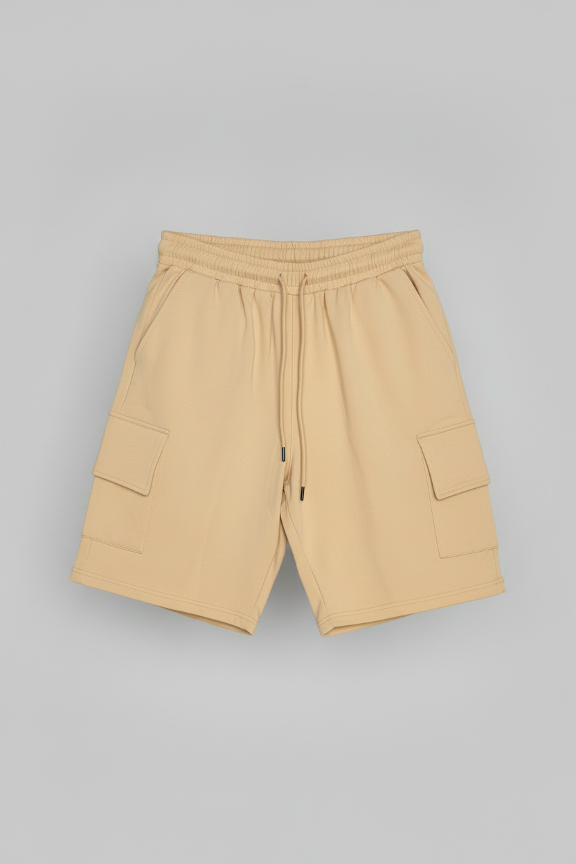 Beige cargo shorts on a gray background