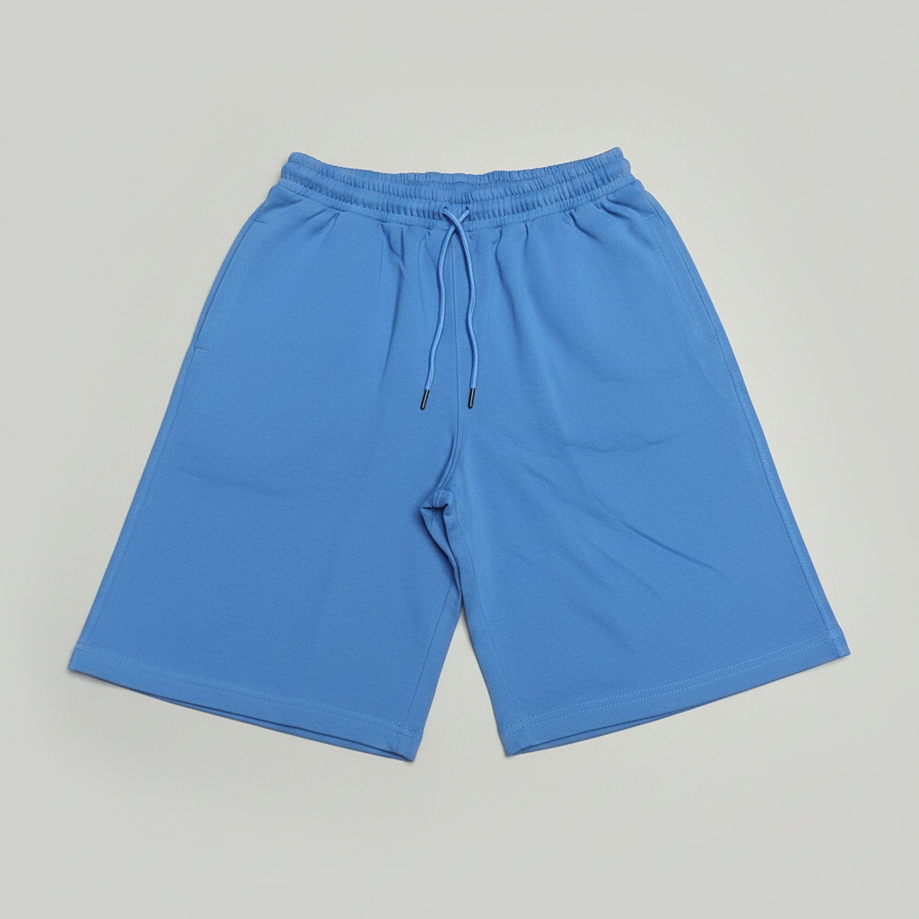 Blue shorts with a drawstring on a gray background