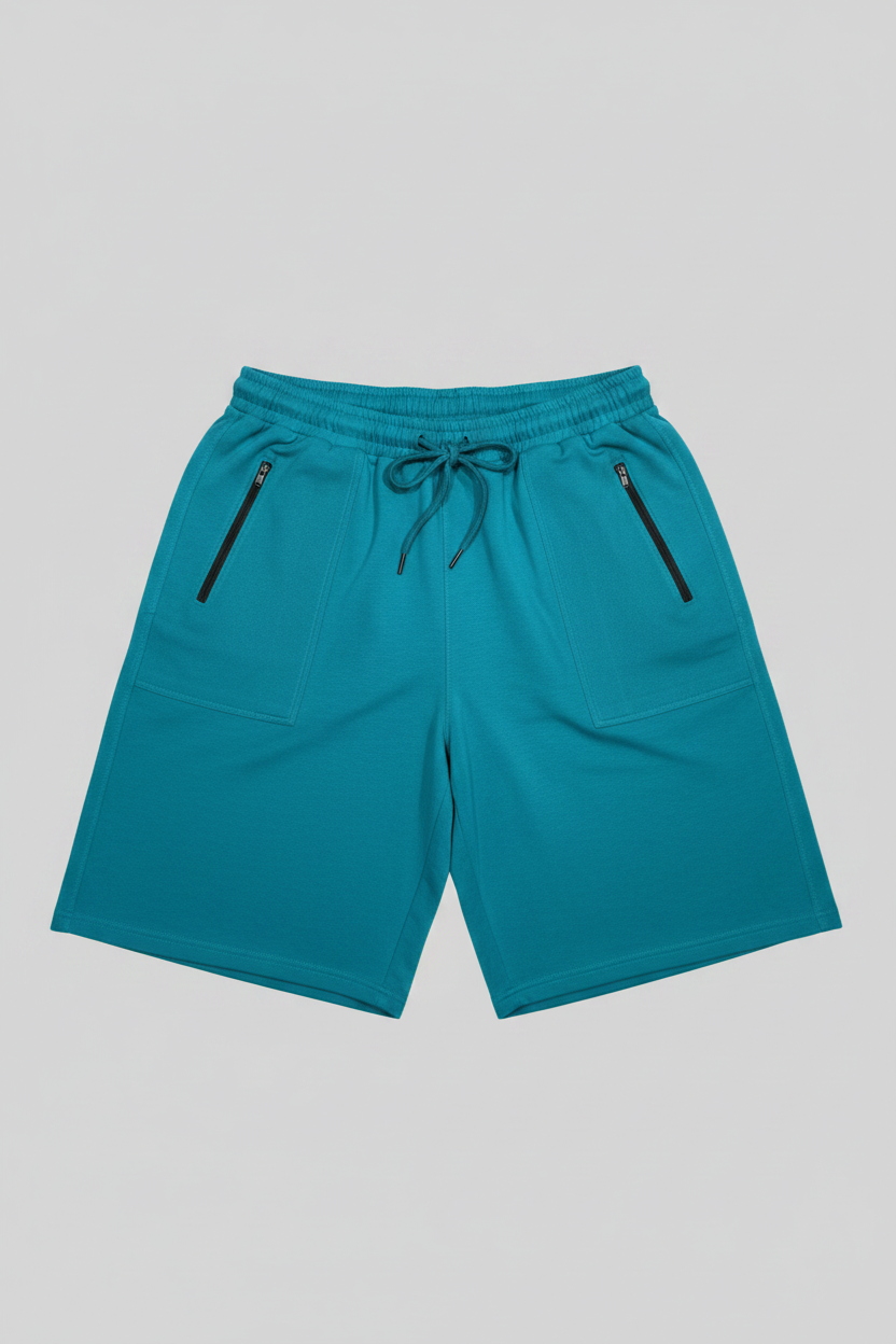 Teal shorts with drawstring and zippers on a light gray background