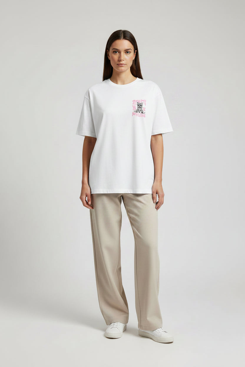 White t-shirt with a logo on a wooden table
