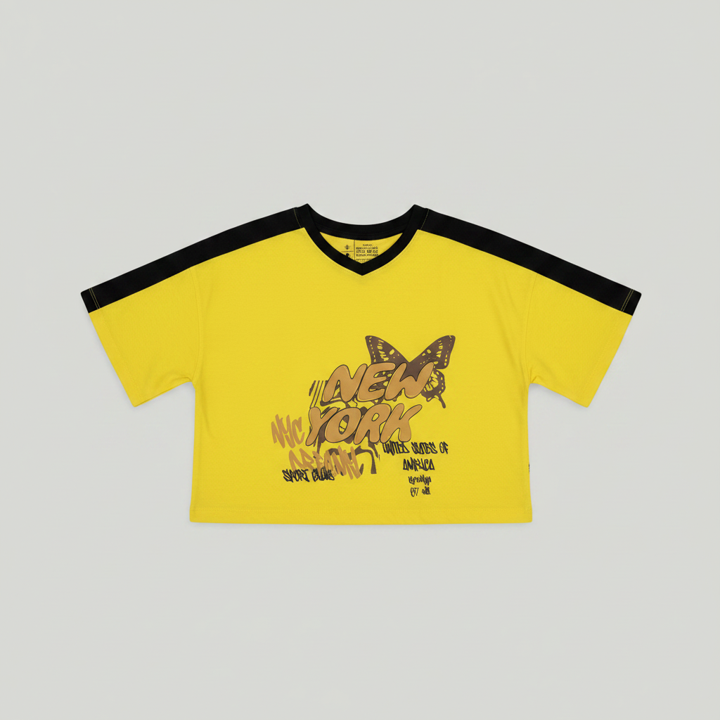 Yellow crop top with black trim and 'New York' text on a light gray background